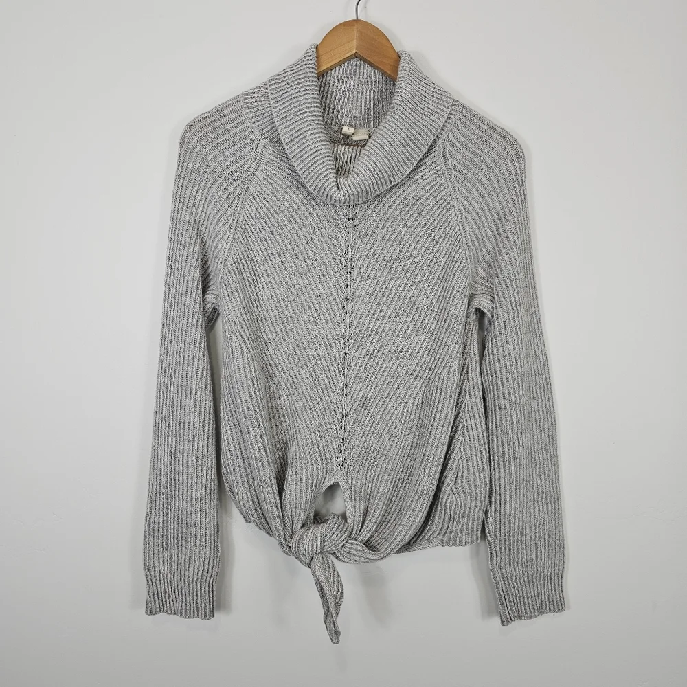 Anthropologie Moth Grey Ribbed Tie Front Cowl Neck Cashmere Blend Sweater Medium